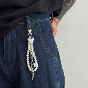 Multilayer Faux Artificial Pearl Heart Cross Portrait Coin Pendant Keychain For Jeans Bag Silver Hip Hop Punk Y2K Pants Chain