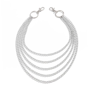 Men's multi-layer silver hip hop wallet chain with five tiered metal strands and lobster clasps