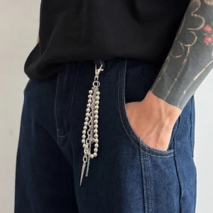 Hip hop silver multi-layer pant chain with metallic beads and spike pendant on denim