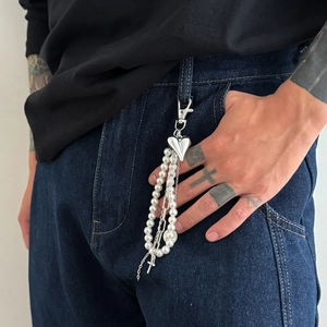 Hip hop pearl and metal chain trouser accessory with heart and cross pendants