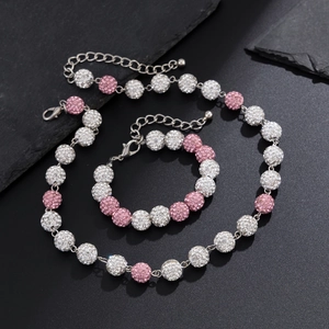 Set collana e bracciale hip hop con sfere di cristallo colorate e catena in argento