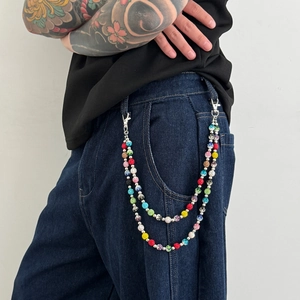 Hip hop double-layer trouser chain with colorful rhinestones on denim jeans