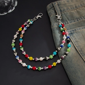 Double-layered colorful rhinestone ball hip hop chain accessory for denim jeans