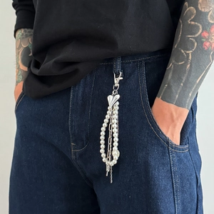 Hip-hop layered trouser chain with white faux pearls and silver heart pendant charm