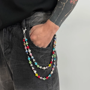 Hip hop colorful diamond ball double-layer pants chain for men with silver spring clip