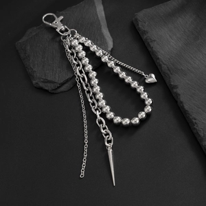 Silver punk multi-layer keychain with metal beads, spikes and heart pendant