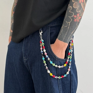 Men Hip Hop Colorful Rhinestone Ball Trousers Chain Multi Layer Waist Chain Silver Alloy Pants Chain Streetwear Accessory