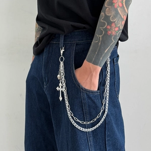 Detail of silver cross and skull pendants on double layer hip hop metal wallet chain