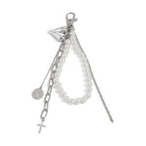 Hip hop pearl keychain with silver heart, cross and coin pendants for bags and pants