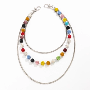 Three-layer hip hop belt chain for men featuring colorful rhinestone-encrusted balls