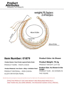 Detailed size map of multi-layer gold chain with pearls and dimensions for trousers