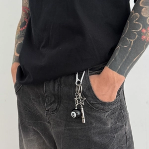 Hip hop street style keychain with silver pentagram whistle and black number 8 pool ball charm