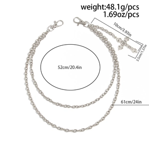 Detail showing dimensions of the double-layer silver metal chain with a cross pendant