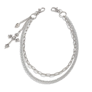 Gothic multilayer silver pants chain with cross and skull charms and lobster clasps