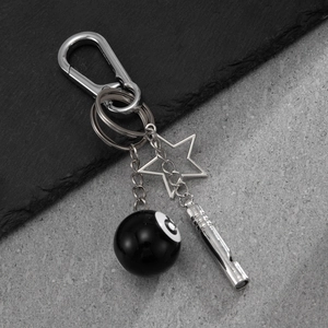 Pentagram star and black No. 8 pool ball keychain with silver metal whistle pendant