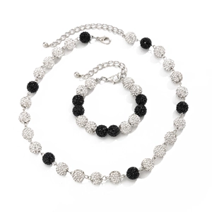 Set hip hop collana e bracciale in argento con sfere disco bianche e nere brillanti