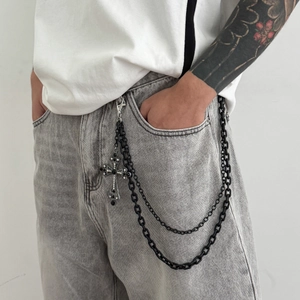 Chaîne de taille punk hip hop double couche noire avec pendentif croix en strass