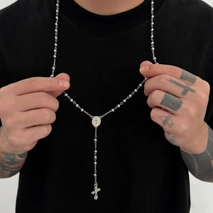 Collier chapelet pour homme en acier inoxydable avec perles et pendentif croix