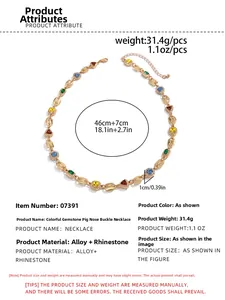 Detailed view of colorful rhinestones and gold alloy chain length measurements