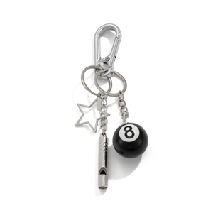 Hiphop metal keychain featuring a 5-pointed star, mini whistle, and black 8 ball billiards charm