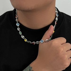 Hip hop style necklace featuring colorful rhinestones and coffee bean link chain