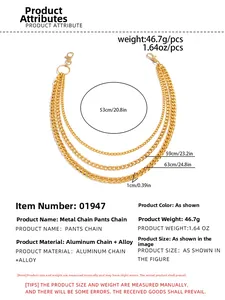 Detailed view of triple layered gold pants chain with lobster clasps and measurements