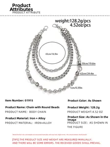 Detailed size chart for layered silver pants chain with bead and box link design