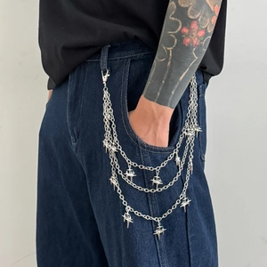 Men's Hip Hop Multi Layer Star Pendant Pants Chain Silver Metal Jeans Waist Chain Streetwear Jewelry Accessory for Men