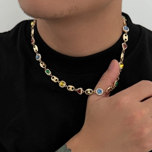 Hip hop style gold chain necklace with colorful gemstones and sparkling crystals for men