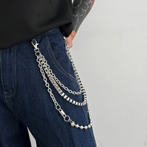Close-up of triple-layered silver metal wallet chains with ball and box link designs