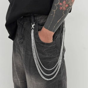 Close-up of three-layered silver metal wallet chain with heavy-duty lobster clasps for jeans