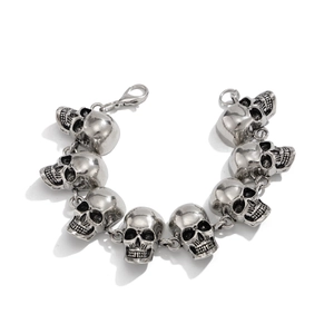 Bracelet tête de mort de style punk en argent vieilli avec fermoir mousqueton