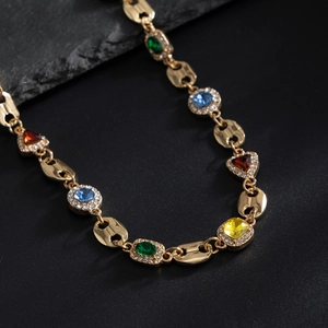Gold plated coffee bean necklace with multicolor gems and sparkling micro pavé stones
