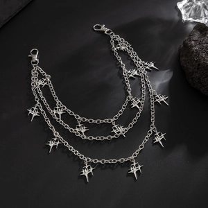 Three-layer silver metal pants chain with cross star pendants and sturdy lobster clasps