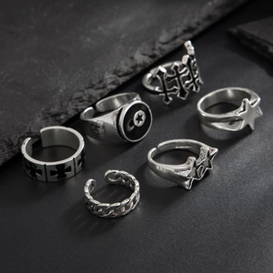 6er-Set Vintage-Silberringe mit Stern und Kreuz im Hip-Hop-Punk-Stil für Herren