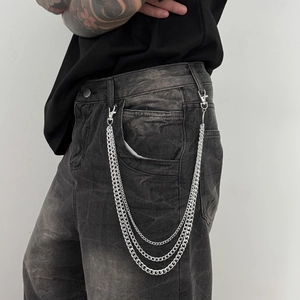 Three-layer silver metal wallet chain with lobster clasps for street style hip-hop jeans