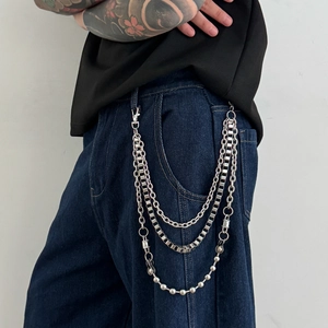 Three-layer silver metal pants chain for men with ball and link strands for hip hop style