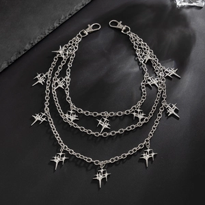 Close-up of triple-layered silver metal pants chain with star charms and secure hooks