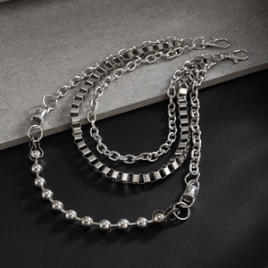Three-layer silver metal trouser chain with ball, square, and ring links for men