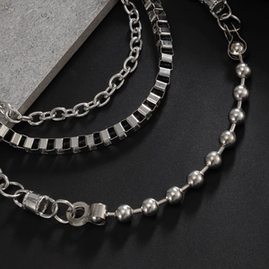 Detail view of silver metal bead chains and box chains for men’s hip hop jeans