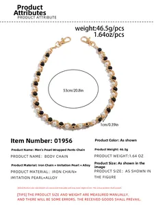 Detailed view of hip-hop pearl waist chain with gold links and black and white bead accents