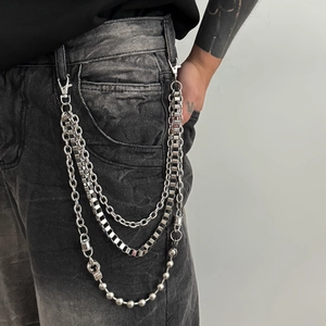 Three-layer silver ball chain and metal trouser chain for street style jeans
