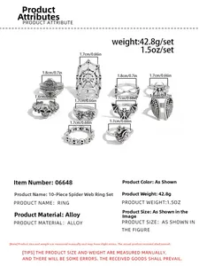 Detailed size guide for 10pcs gothic alloy ring set featuring spider web and skull motifs