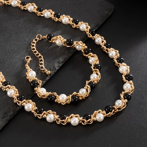 Heren hiphop halsketting met witte parels en zwarte kralen omwikkeld met gouden ketting