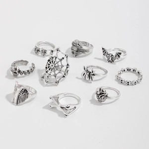 Gothic punk silver ring set featuring spider web, skull, and bat motifs in vintage finish