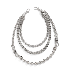 Three-layer silver metal pants chain with round bead and geometric links for hip-hop style