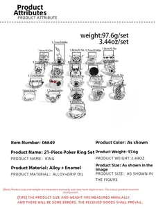 Größentabelle für 21-teiliges Gothic-Ring-Set mit Maßangaben in cm und Zoll pro Ring