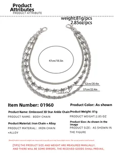 Detailed view of silver multi-layer metal pants chain with 3D star pendants and lobster clasps
