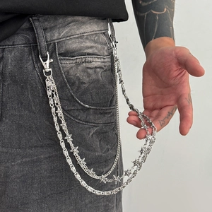 Silver multi-layered star trousers chain with hooks for men hip-hop denim style