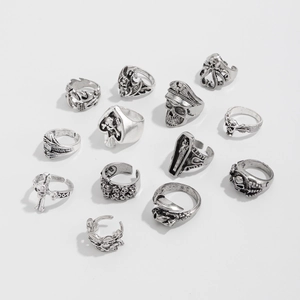 13-piece vintage silver gothic ring set featuring skull and cross punk rock designs